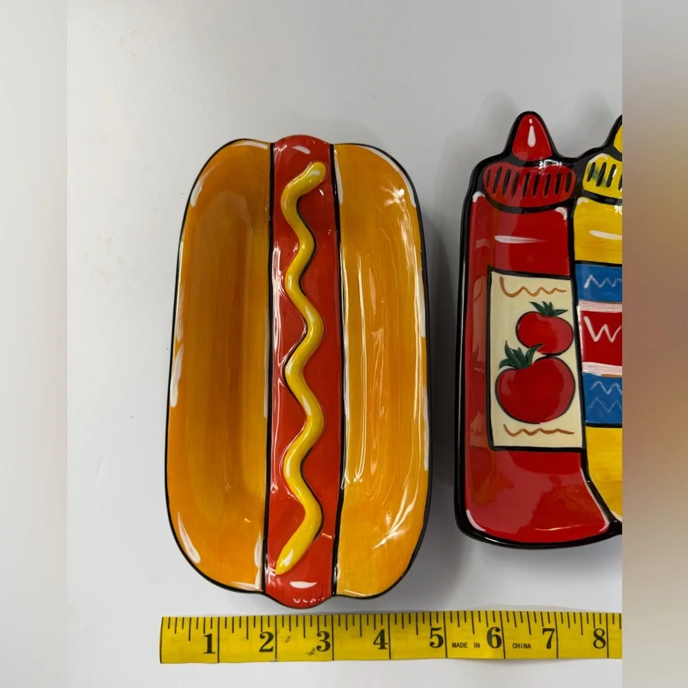 2007 Clay Art Grill Time Ceramic Hand Painted Colorful Hot Dog Condiment Plates